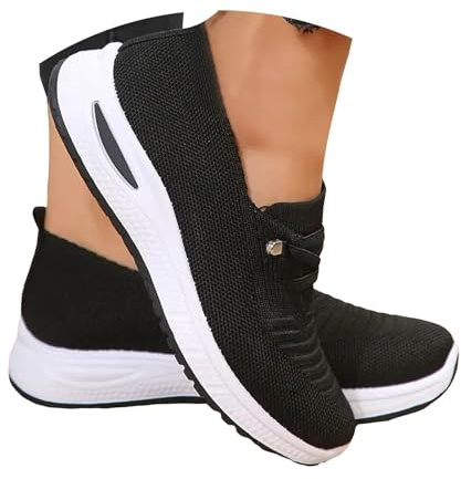 Orthopedic Shoes for Women,Ladies Slip on Trainers,Women Lightweight Slip-On Knitted Sneakers Comfortable Fashion Flat Walking Shoes Breathable Slip On Arch Support Non-Slip Sneakers A Black