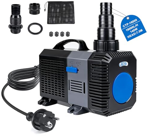 EXLECO Super Eco Bomba para Estanque Anfibia 16000L/H 140W Filtro Pecera, Bombas de Agua Sumergible, Bomba para Fuente Jardín, Filtro Acuario para Acuario y Estanque, CTP-16000