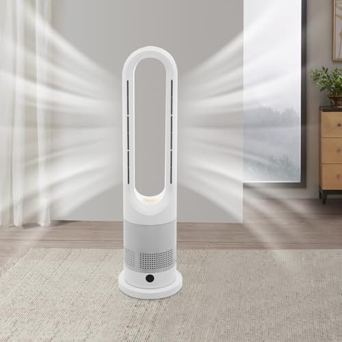 LOYEMAADE Turmventilator ohne Flügel mit Heizung und Kühlung, Touch Standventilator 80° oszillierende Ventilatoren Luftvolumen 163,79 gal/s, Schlafzimmerventilator mit 8 Gang, 9H Timer, Fernbedienung