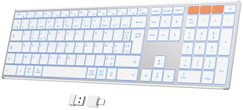 OMOTON Clavier sans Fil Bluetooth Métal Rétroéclairé AZERTY, Argent | Rechargeable, 2.4Ghz, Ultra-Fin, avec 2 Canaux Français Keyboard à Ciseaux Ergonomique Silencieux pour PC/Mac/Windows