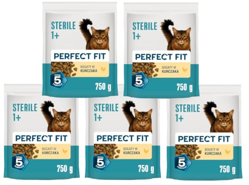 Perfect Fit Katzenfutter Trockenfutter Pro-Sterile für sterilisierte/ kastrierte Katzen Adult 1+ Reich an Huhn, 5 Beutel (5 x 750g)