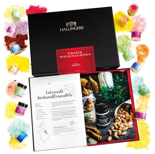 Hallingers Genuss Manufaktur Badesalze Weihnachts-Geschenk-Set - 24x Badezusatz mit Totes Meer Badesalz edle Geschenkbox, Badekristalle Fußbad & Spa Frohe Weihnacht..., Weihnachten für Frauen Männer