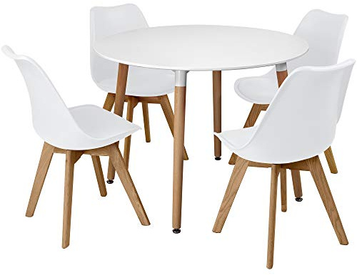 Charles Jacobs Round Dining Table Set with 4 Chairs, White, 100 cm | White dining set, 100cm round MDF table & 4 matching cha
