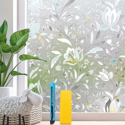 Zindoo Film Statique Vitre Anti-UV Film Occultant Fenêtre Non Adhésif, 3D Film Fenetre Anti Regard Motif Tulipes Fleur pour Decoration Maison Bureau Chambre Cuisine 90cm × 200 cm