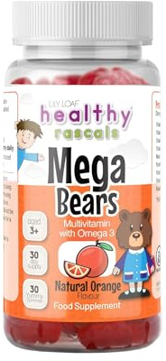 Healthy Rascals Mega Bears, Kids Multivitamin Gummies with Omega 3 from Flax Seed. Natural Orange Flavoured Daily Gluten-Free Supplements - 30 Day Supply