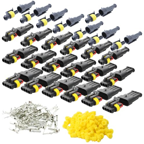 CESFONJER 26 Set Wasserdicht Schnellverbinder, Kabel Steckverbinder Stecker für KFZ LKW Auto Kayak Boote Roller Motorrad (1 Polig×8, 2 Polig×6, 3 Polig×6,4 Polig×6, Gelbes Siegel)