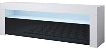 MB Muebles Bonitos | Mueble TV con LED | Mueble TV para Salón Comedor Moderno | Ancho 140 x Alto 50,5 x Profundo 35cm | Aparador TV | Color Blanco y Negro | Acabado Brillo | 2 Puertas | Modelo Aker