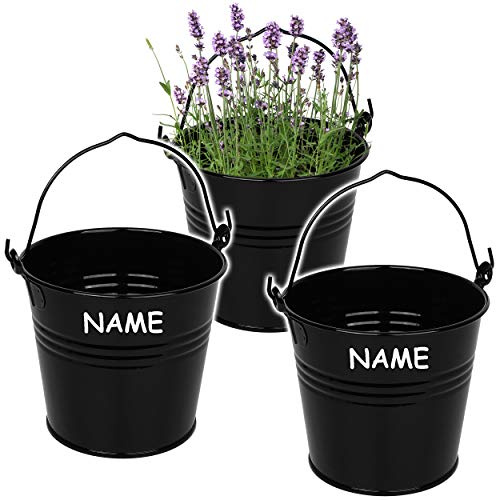 alles-meine.de GmbH Kleiner - Metalleimer/Blumentopf - schwarz - inkl. Name - 15 cm hoch - 2 Liter - Metall rostfrei - Blech Eimer - rund - mit 3-D Effekt Rillen Prägung - mit ..
