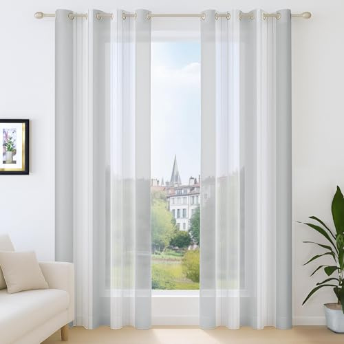 Deconovo Cortina de Visillo con Ventana Ancha, 140 x 183 cm (Ancho x Altura), Visillo para salón y Dormitorio, diseño Moderno con Ojales, Gris Claro, 2 Piezas