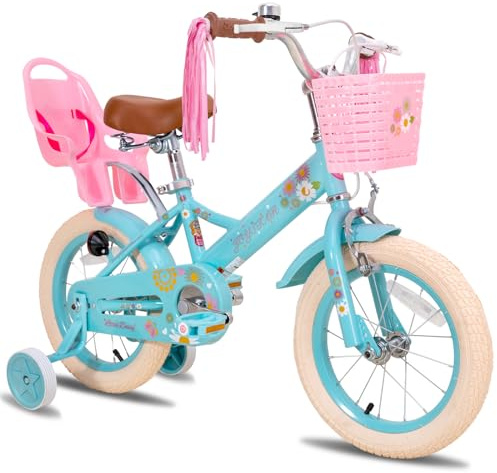 STITCH Little Daisy 14 Inch Kids Bike for 3-5 Years Girls with Stabilisers & Doll Seat, 14 Inch Princess Girls Bike with Basket & Streamers,Blue
