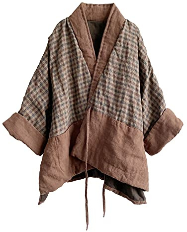 NFYM Kimono court pour femme, style rétro, patchwork, plaid chaud, matelassé, lacets, parkas en coton et lin confortables