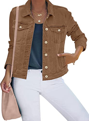 Roskiky - Giacca da donna in jeans elasticizzato, a maniche lunghe, con tasca, marrone, S