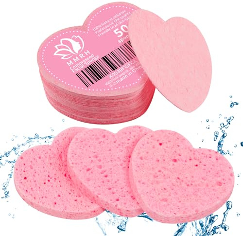 50-Count Heart Shape Compressed Facial Sponges, 100% Natural Cosmetic Spa Sponges for Facial Cleansing for Daily Facial Cleansing, Exfoliating Mask, Makeup Remover. Ideal for Home and Travel.