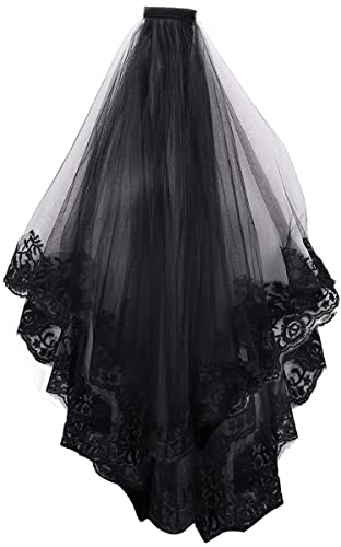Taozoey Schleier Braut, Brautschleier Schwarz, Halloween Schwarz Schleier Spitze mit Kamm, Gothic Haarschmuck, Halloween Accessoires Damen