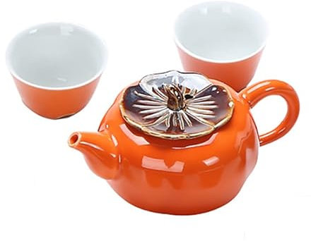 Juego de té de regalo para regalo de negocios de fiesta de boda, juego de té chino de Kung Fu con diseño de caqui, juego de té de cerámica de porcelana hecha a mano (1 olla, 2 tazas)
