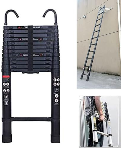 Scaletta Telescopica Alluminio con 2 Ganci, 13 Gradini, 5 m Scala Allungabile, Scala Portatile e Leggera, Forte e Stabile, Multiuso, Portata 150 kg, Norma EN131, Nero