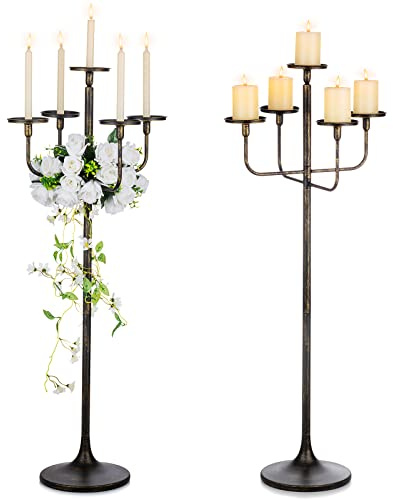 Sziqiqi 48inch Tall Candlestick Holders Floor Candelabra Black 5 Arms Candle Holders for Pillar Candles Flower Centerpiece Gothic Candles Holder for Funeral Ceremony Halloween Decor 2pcs