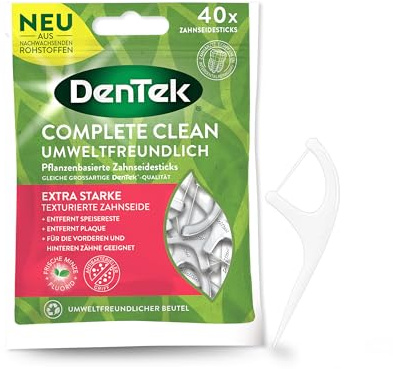 DenTek Eco Complete Clean Zahnseide Stick 40 Stk – pflanzenbasierte Zahnreinigung mit Minzgeschmack – Zahn Reinigung mit Fluorid – umweltfreundlich und reißfest – vegan und GMO-frei