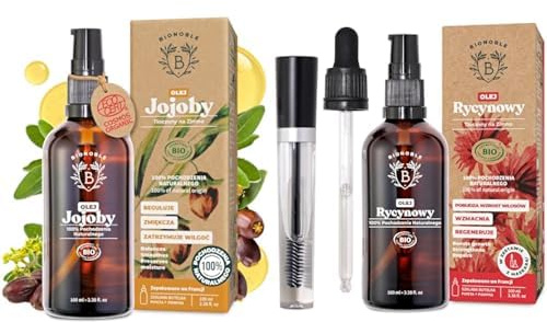 Bionoble Jojobaöl Bio 100ml & Rizinusöl Bio 100ml - Wimpern, Augenbrauen, Haare, Bart, Nägel - Vegan und Cruelty Free - Castor Oil - Glasflasche + Pipette + Pumpe + Mascara Kit