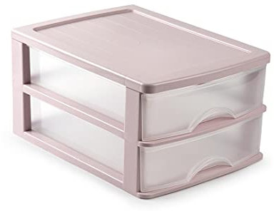 CABLEPELADO Torre de almacenamiento con 2 cajones sobremesa, Organizador de escritorio, Caja de almacenamiento de escritorio,18.5 cm alto x 26 cm ancho x 35 cm fondo, Rosa y cajones transparentes
