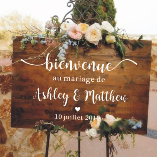 Autocollants personnalisés en vinyle miroir de style français avec noms personnalisés, panneau de bienvenue de mariage, décoration romantique (73 x 42 cm)