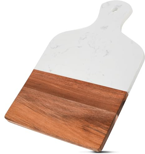 Coloch Marmor och akacia träskärbräda, Charcuterie skärbräda med handtag, dekorativ serveringsbräda för ost, biff, bröd, frukt (vit)