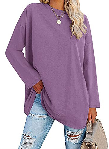 Ebifin Maglietta da Donna Tunica Oversize a Maniche Lunghe T-Shirt | Tunica lunga,Taglio oversize ampio,Girocollo semplice,Modello basico senza stampa