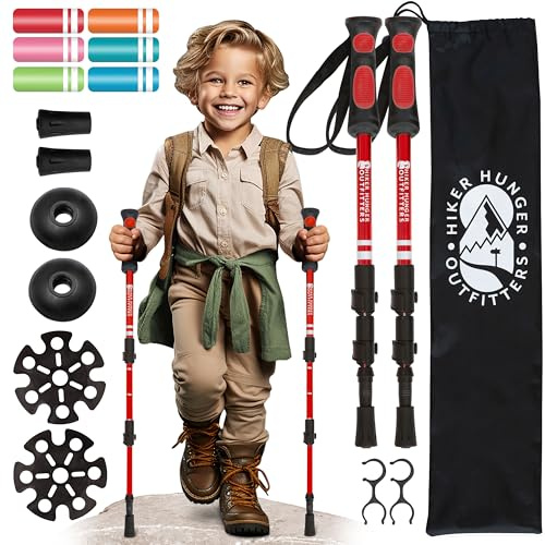 Kids Hiking Poles by USA Brand - Lightweight Collapsible Kids Walking Stick w/Quick Adjustable Flip Locks (Red)