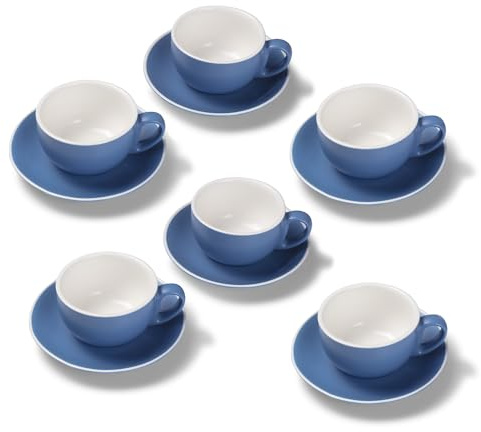 Terra Home 6er Milchkaffee-Tassen Set - Blau, 350 ml, Matt, Porzellan, Dickwandig, Spülmaschinenfest, italienisches Design - Kaffee-Tassen Set mit Untertassen