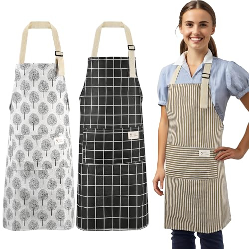 Cheerhom 3 Schürze, Kochschürze mit 2 Taschen, Schürzen Set aus Baumwolle Leinen, Schmutzabweisend&Langlebig, Kochschürze Herren Damen zum Kochen, Grillen, Malen, Garten, Restaurant, Café