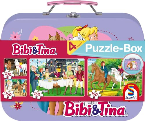 Schmidt Spiele 55609 Bibi und Tina Puzzle, 2x100 Teile, 2x150 Teile | Kinderpuzzle im Metallkoffer