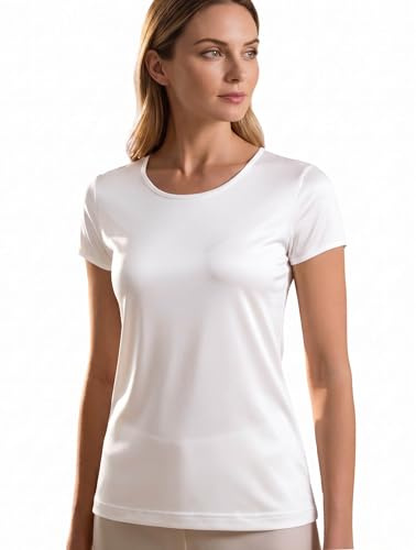 MOROUTLINE Seidenoberteile für Damen, 100 % Maulbeerseide, kurzärmelig, T-Shirt, Bluse, Sommer, atmungsaktiv, Unterhemd, Weiss/opulenter Garten, Mittel