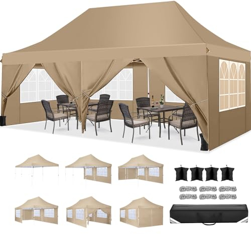 COBIZI Carpa Plegable Gazebo 3x6m con 6 Paredes y 4 Bolsas de Arena, Cenador Robusto Impermeable, Cenador Pabellón de Jardín para Reception, Camping, Fiestas, Exterior, Caqui