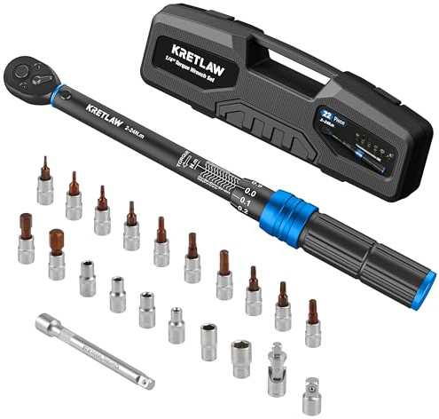 KRETLAW Juego de Llave Dinamométrica de 22 Piezas de 1/4, Reversible 2-24 Nm, Trinquete de 72 Dientes con Click, Precisión ±3% con Extensiones, Vasos, Adaptador para Bicicleta, con Estuche