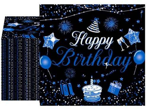 Xiliconie Lot de 40 serviettes en papier jetables « Happy Birthday » - Noir et bleu - 2 plis - 16,5 x 16,5 cm - Pour homme et femme