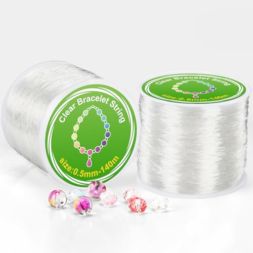 Alyvisun Genomskinlig Elastisk Tråd, 2 Rolls 0.5mm Elastisk Pärltråd Lämplig för DIY Smycken Tillverkning, Halsband, Armband, Hantverk (140m / Spool)