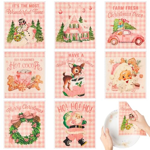 BUoonyer Christmas Swedish Dish Cloths - 6PCS Merry Christmas Swedish Kitchen Dishcloths, Pink Santa Claus Snowman Reindeer Dish Towels, Xmas Winter Absorbent Fast Dry Cleaning Cloth for Home Party