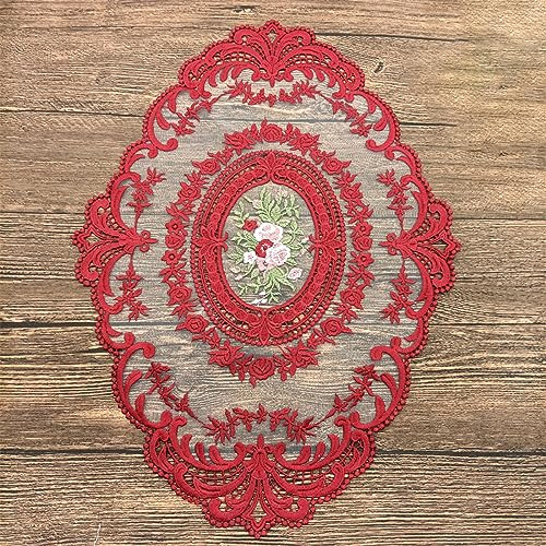 Anevous 1 Stück Spitze Oval Platzset, Vintage Dekorative Tischsets, 31x 42cm Spitzendeckchen Placemat, Spitze Blume Bestickte Tischmatte Abwaschbar für Küche Esszimmer Dekoration,Rot
