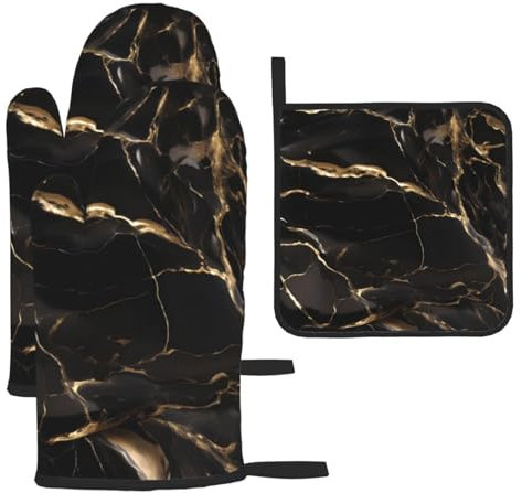 YYHWHJDE Kitchen Baking Set of 3 - Insulated Gloves and Pot Lid Pad for Oven and Grilling Black Gold Marble Pattern