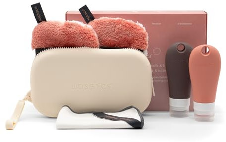 Waschies 6 tlg. „pureFeminine“ Intimpflege Set - mittelgroßer Kulturbeutel in Creme mit Intimwaschpads, Tuch & Travel Bottles - pH-neutral & hypoallergen - waschbar, wiederverwendbar & nachhaltig