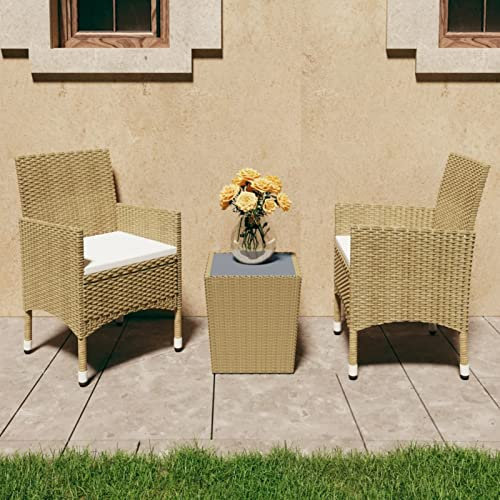 ShGaxin 3-TLG. Bistro-Set, Bistrotisch Mit 2 Stühlen, Gartenset Tisch Und Stühle, Balkontisch Klein, Bistroset, Poly Rattan und Hartglas Beige