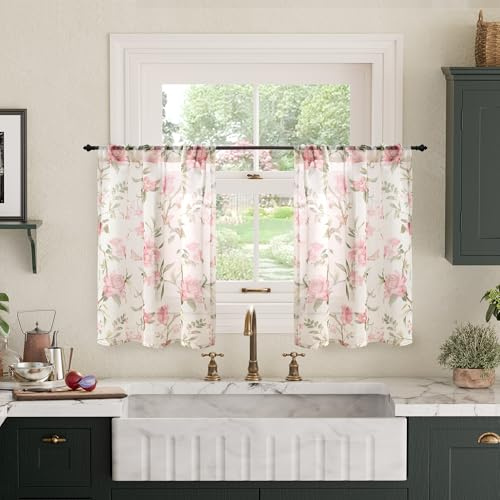 Lajode Floral Sheer Curtains for Kitchen Windows, Short Semi Sheer Light Filtering Vintage Farmhouse Basement Half Cafe Curtains 24 Inch Length 2 Panels Set, Rod Pocket, Pink, Each 30 Inch Wide