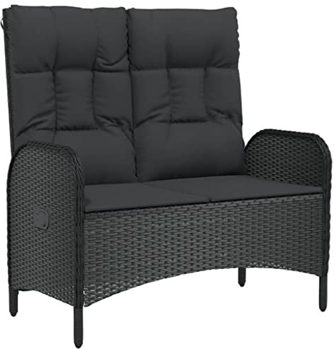 ULUYYUC Gartenhocker Bierbank Bierzeltgarnitur Klein Campingbank - Gartenbank mit Liegefunktion & Kissen 107cm Poly Rattan Schwarz für Parks Innenhof Terrasse Balkon