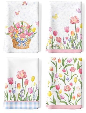 Arquiel tulpan vårblommor kökshanddukar, lavendel sommar bomull kökshandduk 48 × 70 cm, snabbtorkande diskduk för fest, årsdag, högtidsdekoration, inflyttningspresenter