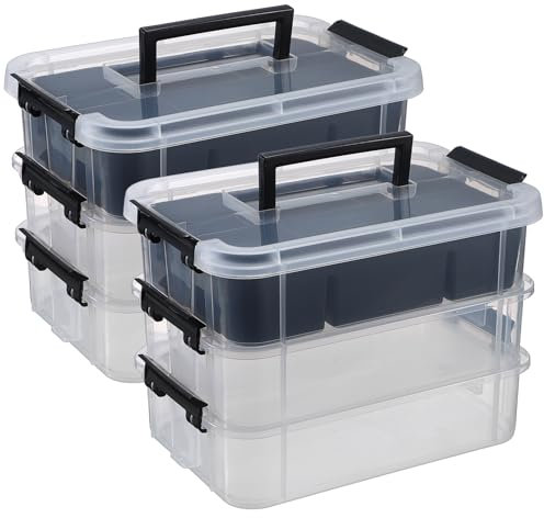 JUXYES 2 Pack 3-Tiers Stack Carry Storage Box With Divided Tray, Transparent Stackable Storage Bin With Handle Lid Latching Storage Container for School & Office Supplies, Black