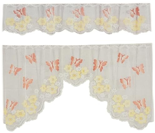 Ilkadim Export 2 Teilige Küchengardine weiß, Bistrogardine Dekor, Scheibengardine in den Maßen 35cm x 150cm (Oben), 65cm x 150cm (unten) (rot Schmetterling 0002)