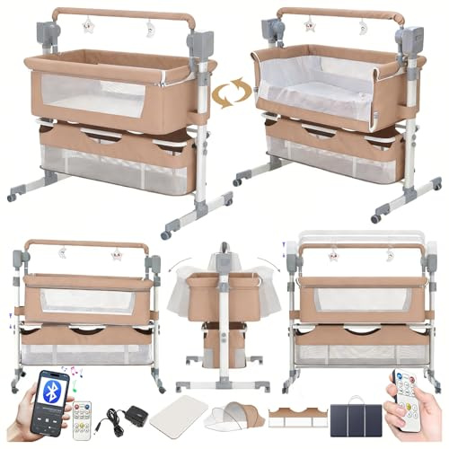 Nine point nine Beistellbett Baby, Convertible Faltbare Babybett Co-Sleeping, Beistellbett Baby Boxspringbett mit Rollen Multifunktionale 5 Schwankende Getriebe (601 Brown)