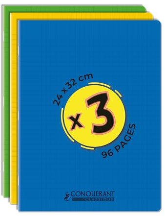 Conquérant, Lot de 3 Cahiers Classique 24x32 96 Pages Grands Carreaux Seyès Agrafées, Couverture Polypro, Jaune, Vert, Bleu