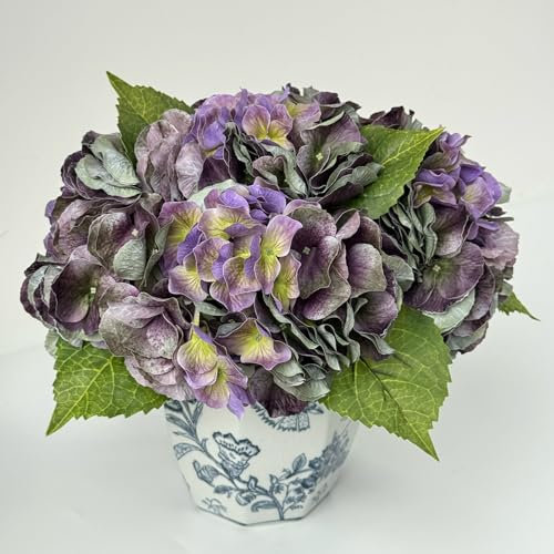YalzoneMet Lot de 3 hortensias artificiels violets et verts de 53,3 cm au toucher réaliste, grandes fleurs macrophylla pour table de mariage, centre de table, vintage, printemps, maison, salon