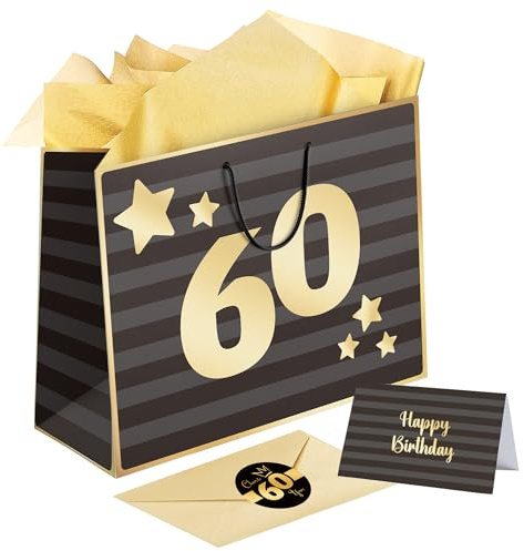 Sumerk Großes Geschenktüten-Set, Geschenktüte zum 60. Geburtstag, 3 Stück goldenes Seidenpapier, 2 Stück Aufkleber zum 60., Geburtstagskarte mit Umschlag